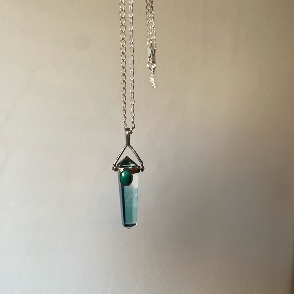 Vintage 1970's Malachite Talisman
Blue Aurora Quartz Prism 925
Silver Pendant